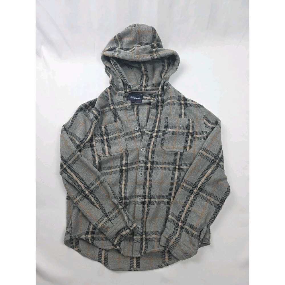 Aeropostale Men's Gray Plaid Button Hoodie Flannel Medium Xtra Heavy No String